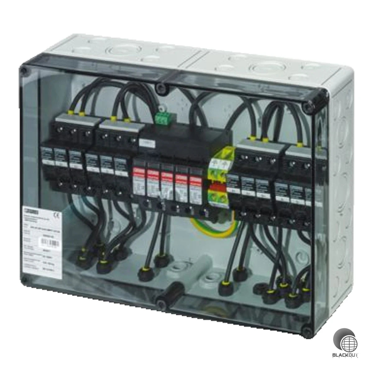 Generatoranschlusskasten mit Überspannungsschutz Typ 1/2 für PV-Anlagen bis 1000 V DC. Geeignet für den Anschluss von 2x 3 Strings mit Sicherungshaltern und SUNCLIX-DC-Steckverbindern.