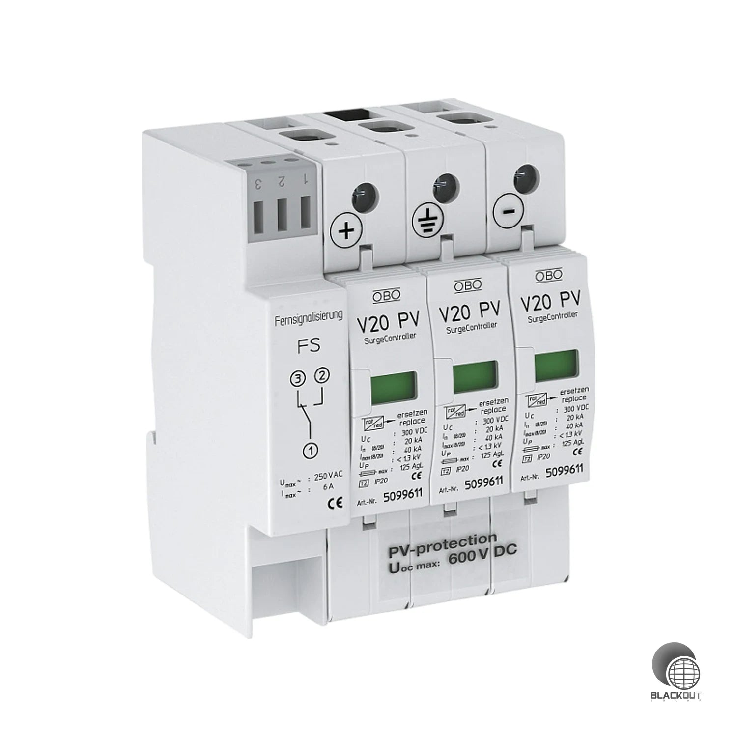 Typ-2-Überspannungsableiter in fehlerresistenter Y-Schaltung für PV-Anlagen bis 600 V DC mit Fernmeldekontakt. Steckbare Varistor-Ableiter mit thermo-dynamischer Abtrennvorrichtung und optischer Funktionsanzeige.