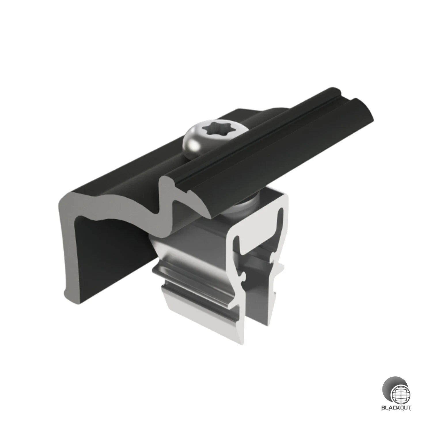 Randseitige Modulklemme aus schwarz eloxiertem Aluminium für das PREFA PREVARIO Solarmontagesystem — sichert Solarmodule mit 28–37 mm Rahmenstärke zuverlässig an der Außenkante der Modulreihe.