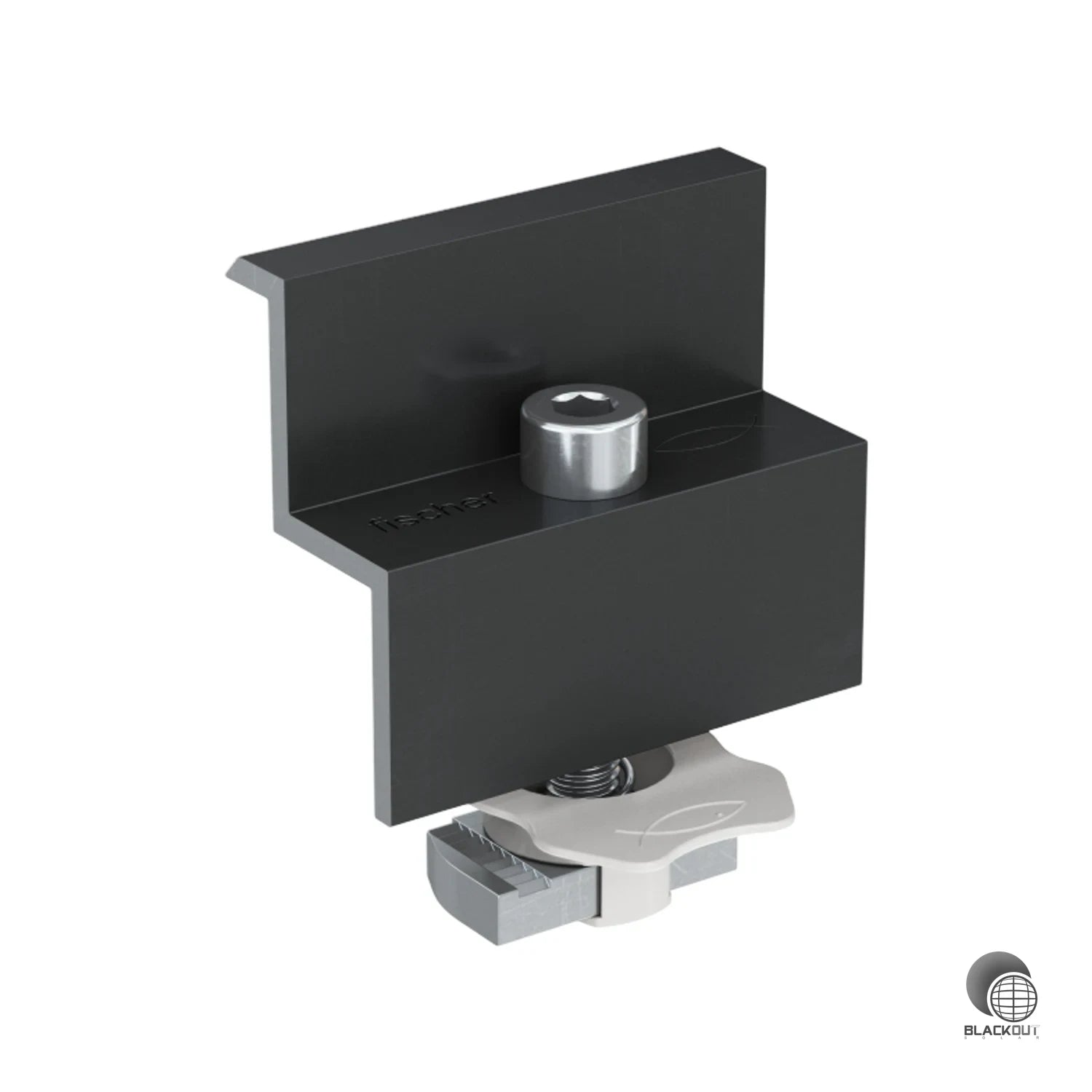 Vormontierte Endklemme für PV-Module mit 30 mm Aluminiumrahmen. Integrierter Federmechanismus und Hammermutter mit Kunststoffkäfig erleichtern die Modulpositionierung auf Montageschienen.