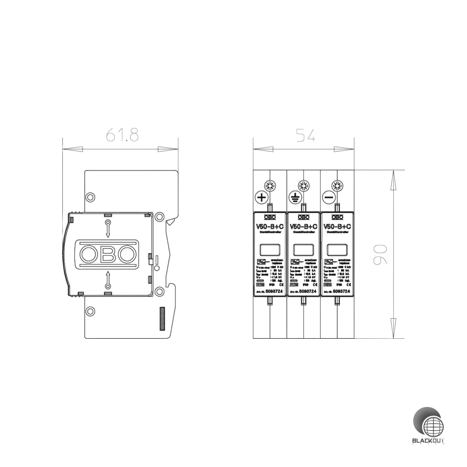OBO Bettermann V50 Kombi-Ableiter 3-polig Typ 1+2 600V DC PV