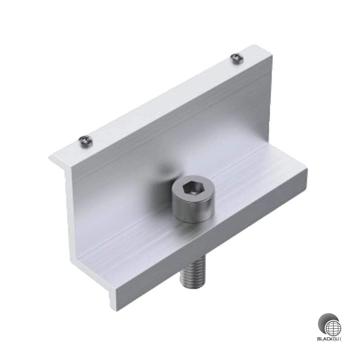 Modul-Endklemme für Freilandanlagen mit 40 mm Rahmenhöhe — komplett vormontiert aus korrosionsbeständigem Aluminium und rostfreiem Stahl.