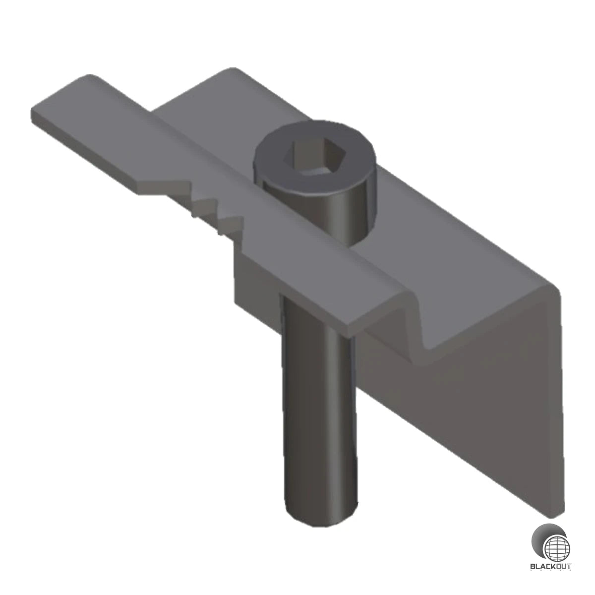 Edelstahl-Endklemme für die Reihenenden-Befestigung von PV-Modulen mit 38 mm Rahmenhöhe auf Flachdächern – mit fixierter Schraube für eine schnelle und verlorensichere Montage.