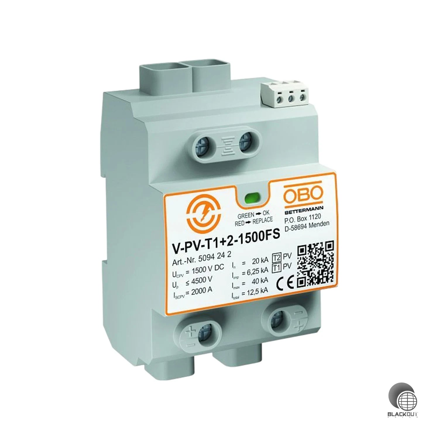Kombinierter Blitzstrom- und Überspannungsableiter (Typ 1+2) für PV-Anlagen bis 1500 V DC — mit Fernsignalisierung und Y-Schaltung für maximale Betriebssicherheit.