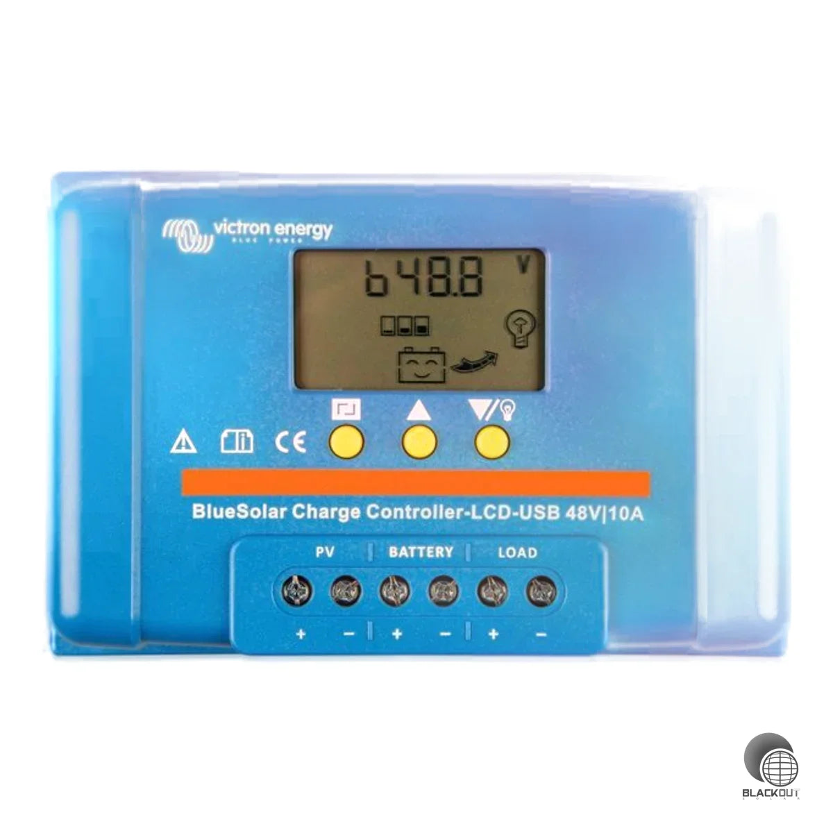 PWM-Solarladeregler von Victron Energy für 48V-Inselsysteme mit 30A Ladestrom, integriertem LCD-Display und USB-Anschluss.