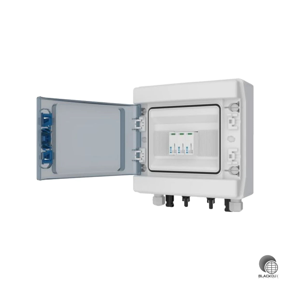 Professionelle DC-Stringbox von Eaton für Photovoltaikanlagen — kompakt gebaut, mit MC4-Anschlüssen für einfache Integration in bestehende PV-Systeme.