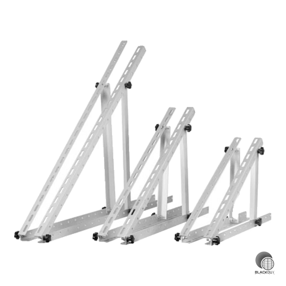 Aluminium-Modulträger mit stufenlos einstellbarem Neigungswinkel von 0–90° für Solarmodule bis 380 W. Geeignet für Boden- und Wandmontage, inklusive aller Befestigungskomponenten.