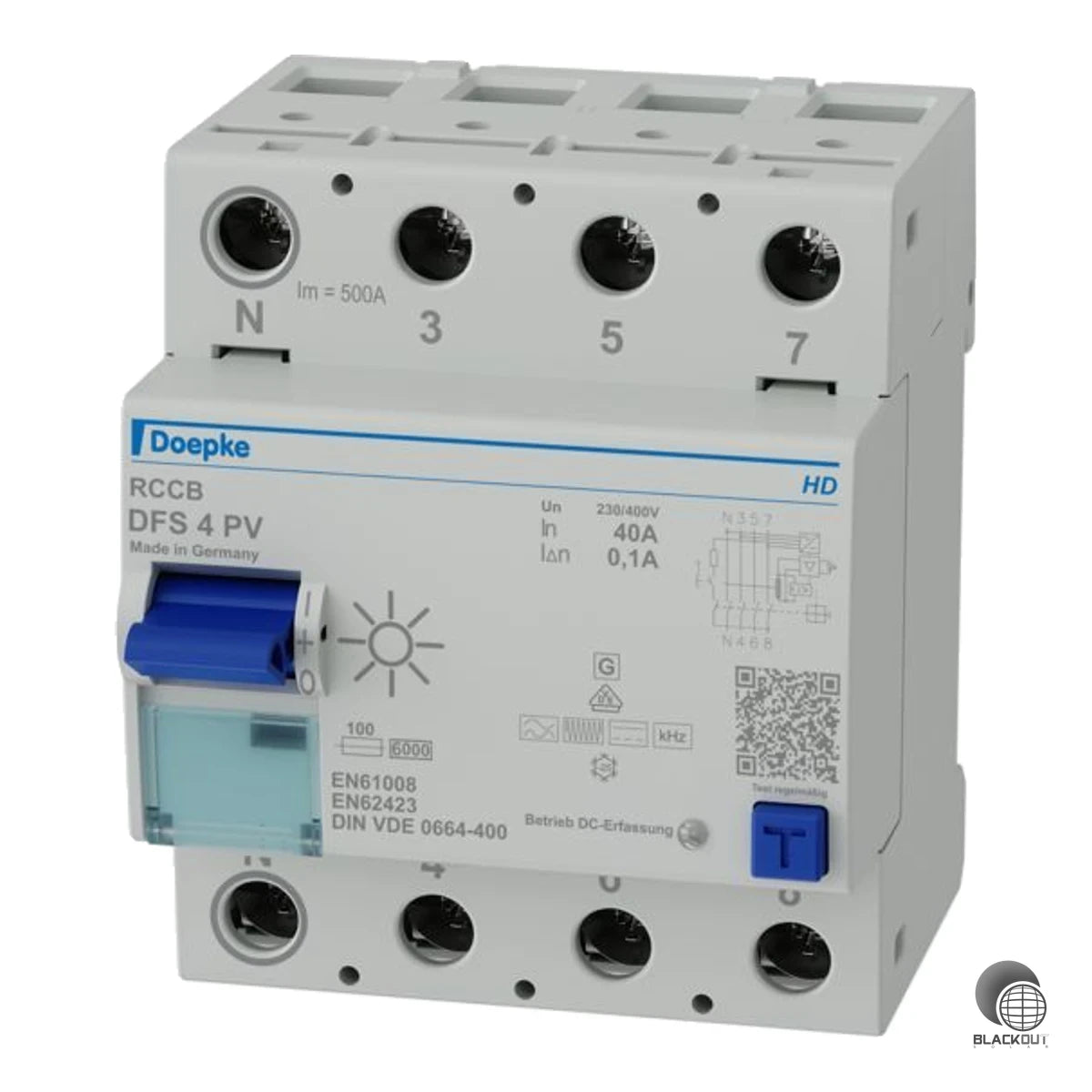 Allstromsensitiver FI-Schutzschalter Typ B+ mit PV-optimierter Kurzzeitverzögerung für zuverlässigen Schutz in Photovoltaikanlagen. Die HD-Ausführung bietet erhöhte Widerstandsfähigkeit gegen schädliche Umwelteinflüsse.