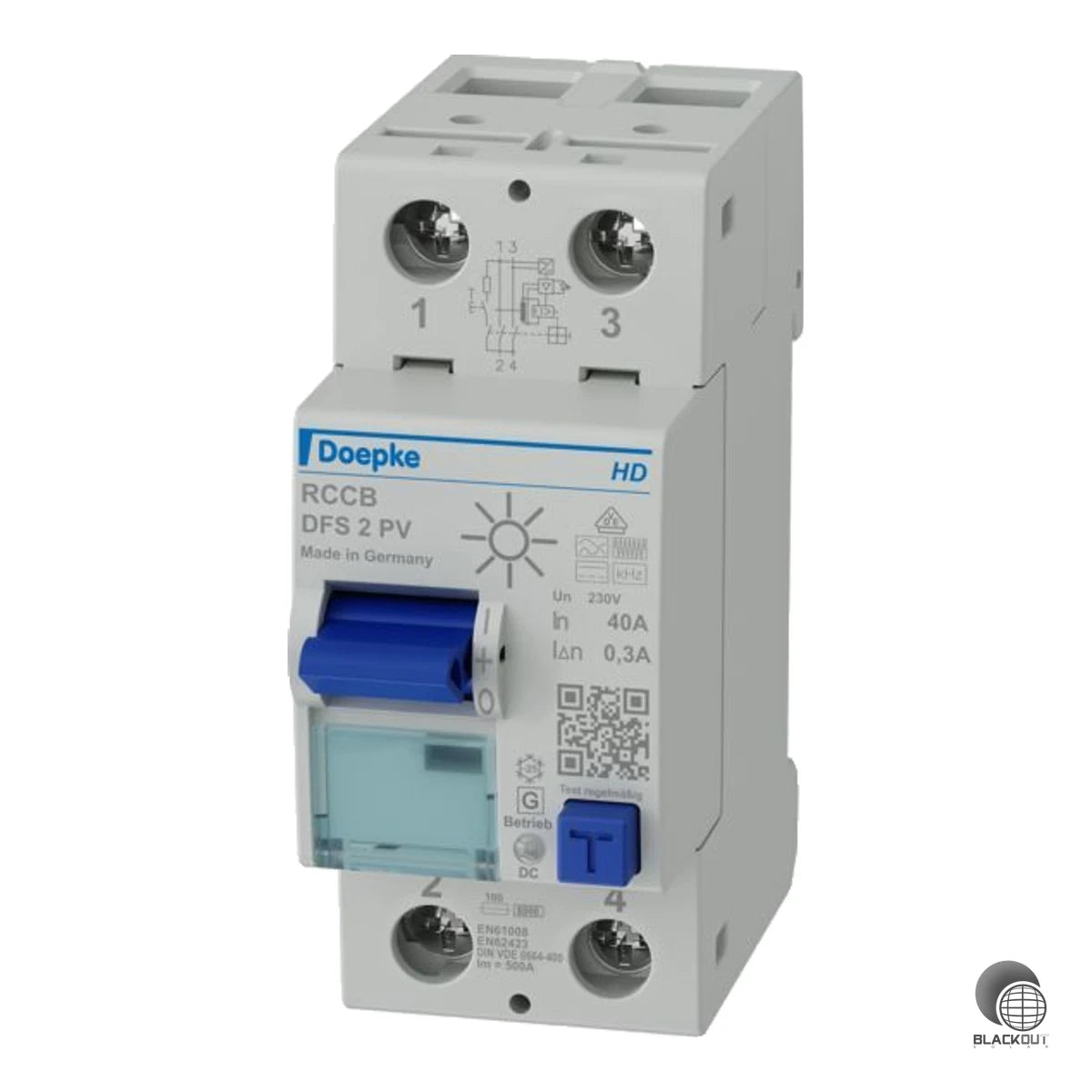 Allstromsensitiver Fehlerstromschutzschalter Typ B+ von Doepke, speziell für Photovoltaikanlagen entwickelt. Die HD-Ausführung mit PV-optimierter Kurzzeitverzögerung minimiert Fehlauslösungen und bietet zuverlässigen Brandschutz bis 20 kHz.