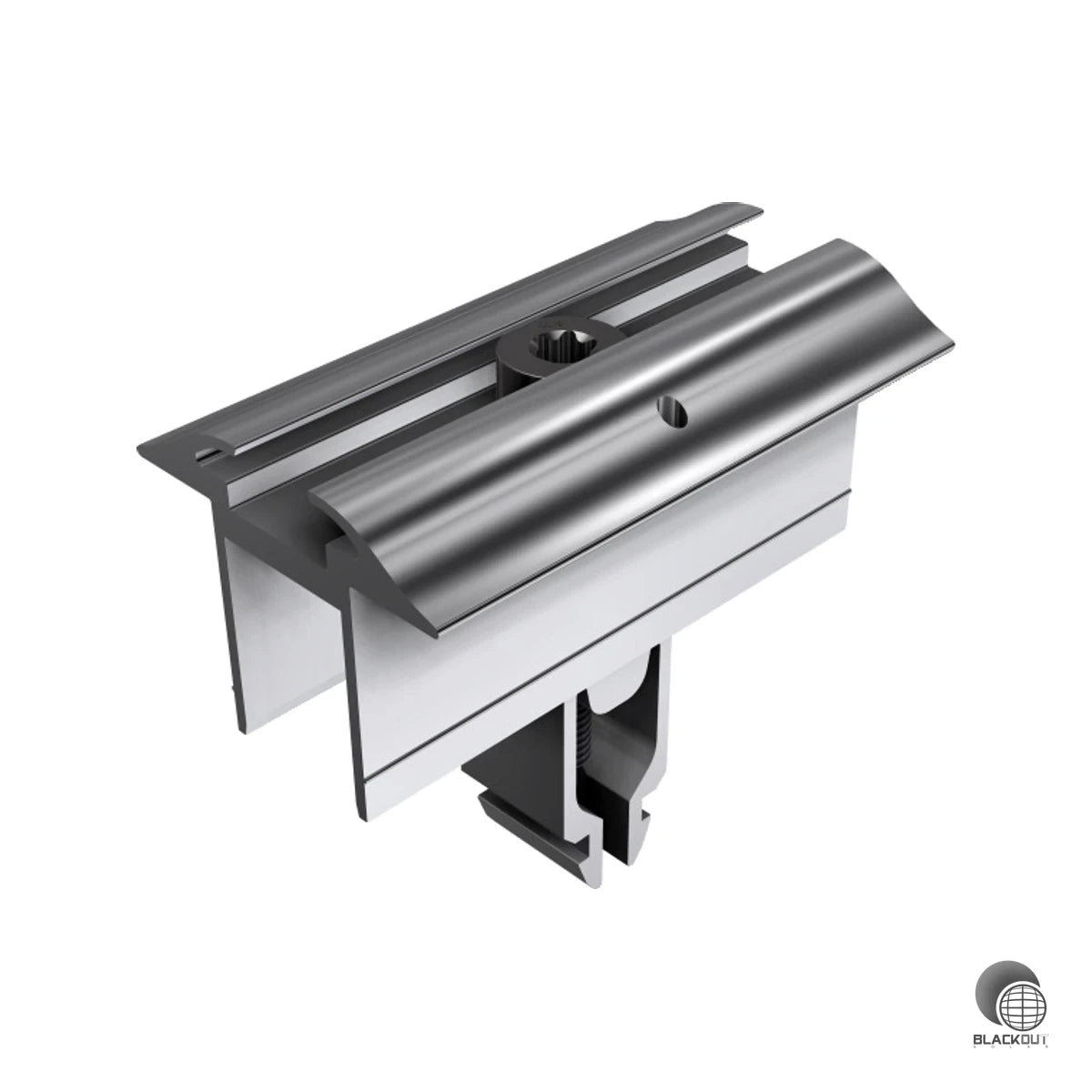 Universelle Mittelklemme mit integriertem Erdungspin für die sichere und flexible Befestigung von PV-Modulen auf Tragschienen — kompatibel mit allen SL Rack RAIL-Systemen.