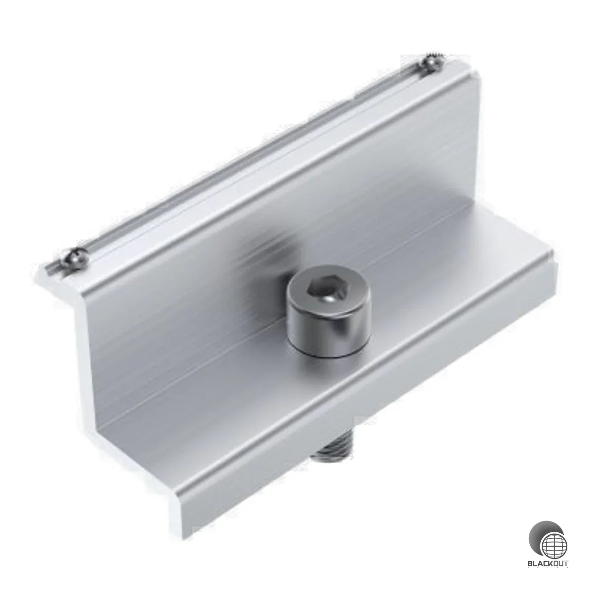 Vormontierte Modul-Endklemme für PV-Module mit 40 mm Rahmenhöhe. Sichere Fixierung per M8-Innensechskantschraube mit integrierten Erdungs-Pins für den Potenzialausgleich.
