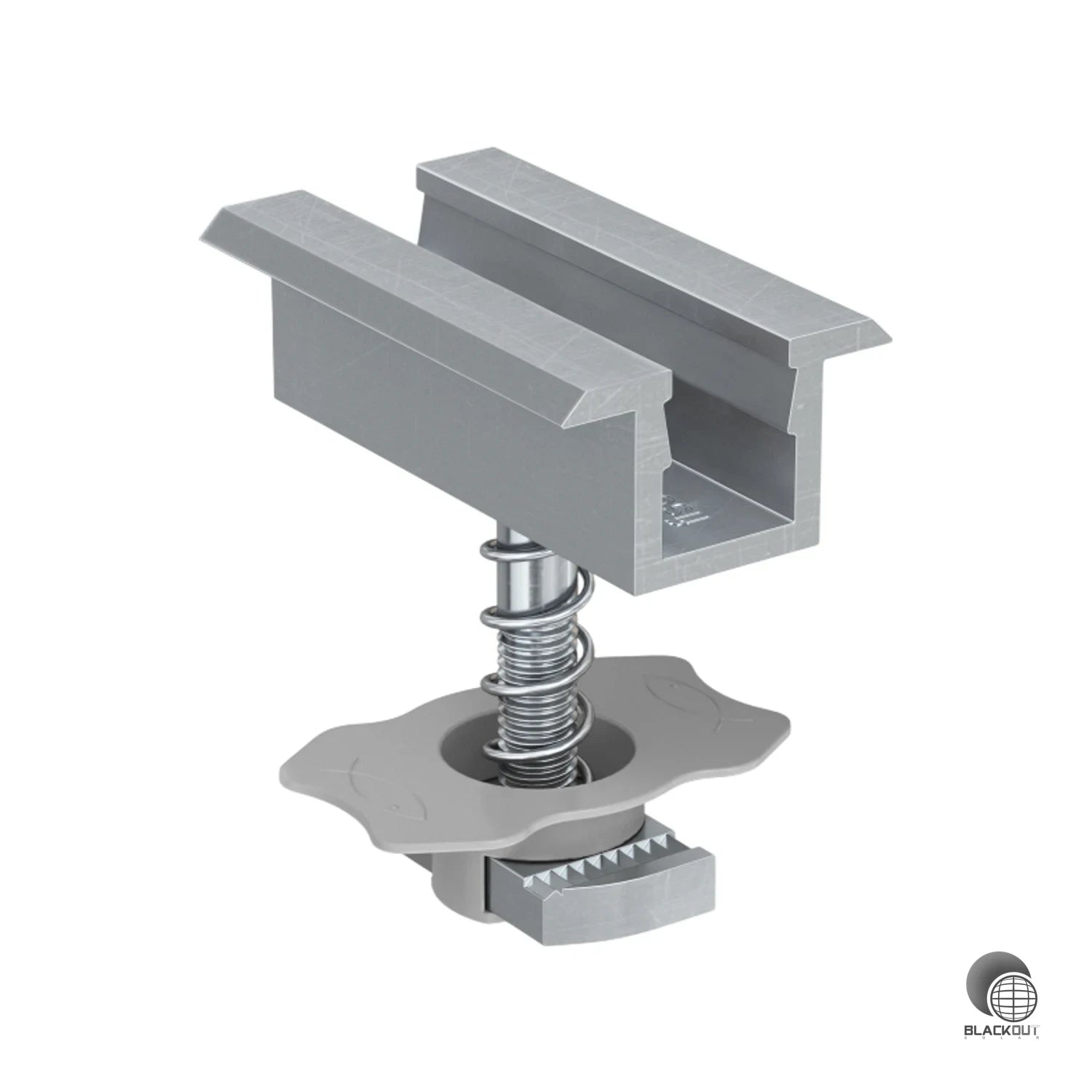 Vormontierte Mittelklemme für PV-Module mit 28–34 mm Rahmendicke. Dank Hammermutter mit Kunststoffkäfig und Federmechanismus besonders schnell positionierbar.