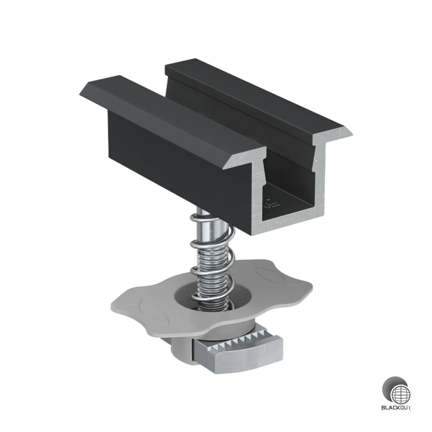 Vormontierte Mittelklemme PM C für PV-Module mit Aluminiumrahmen und 38–44 mm Moduldicke. Hammermutter mit Kunststoffkäfig und Federmechanik für schnelle, werkzeugfreundliche Montage auf Profilschienen.