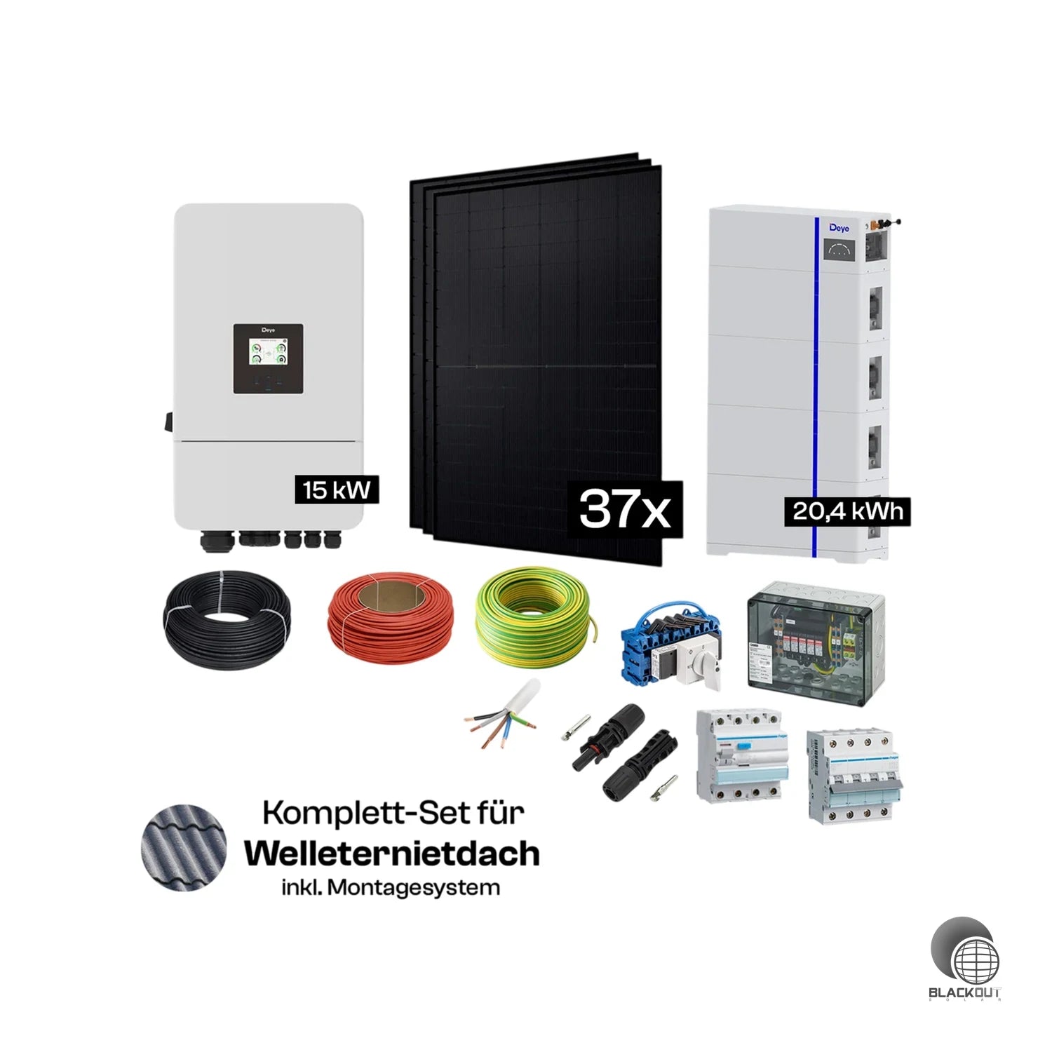 Solar-Komplettpaket Eternit oder Bitumen Dach – 24 oder 37 Module – Deye Hybrid 1